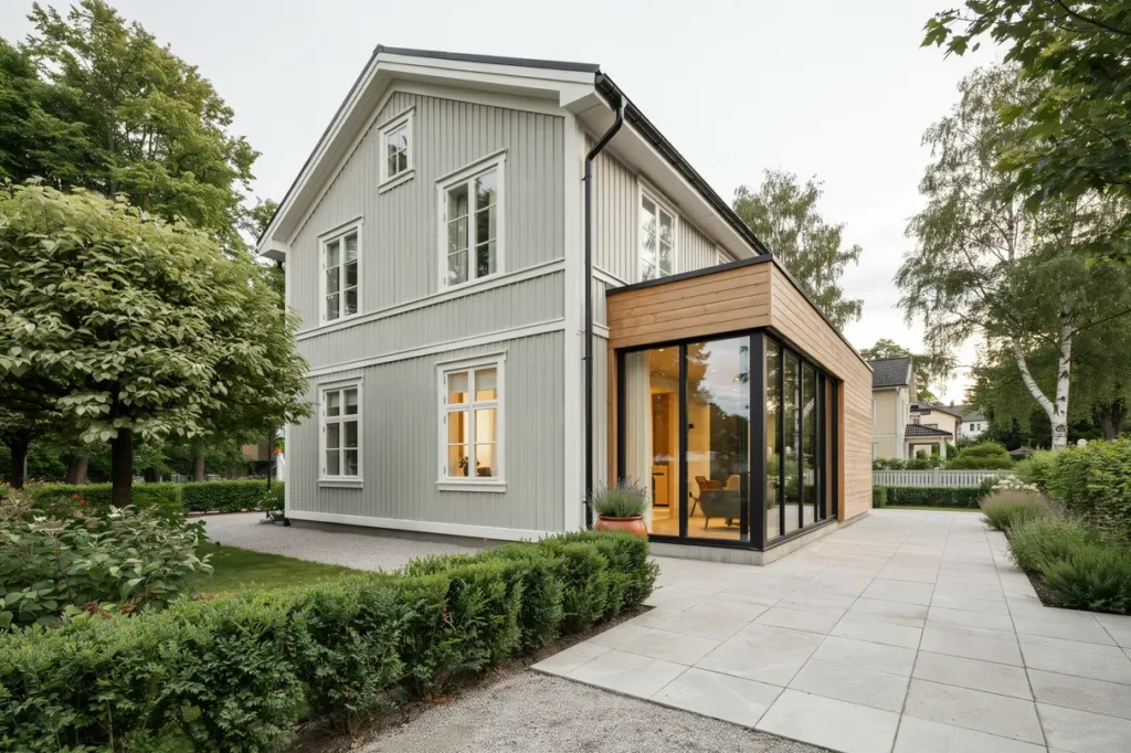 tillbyggnad av villa med nytt allrum i djursholm