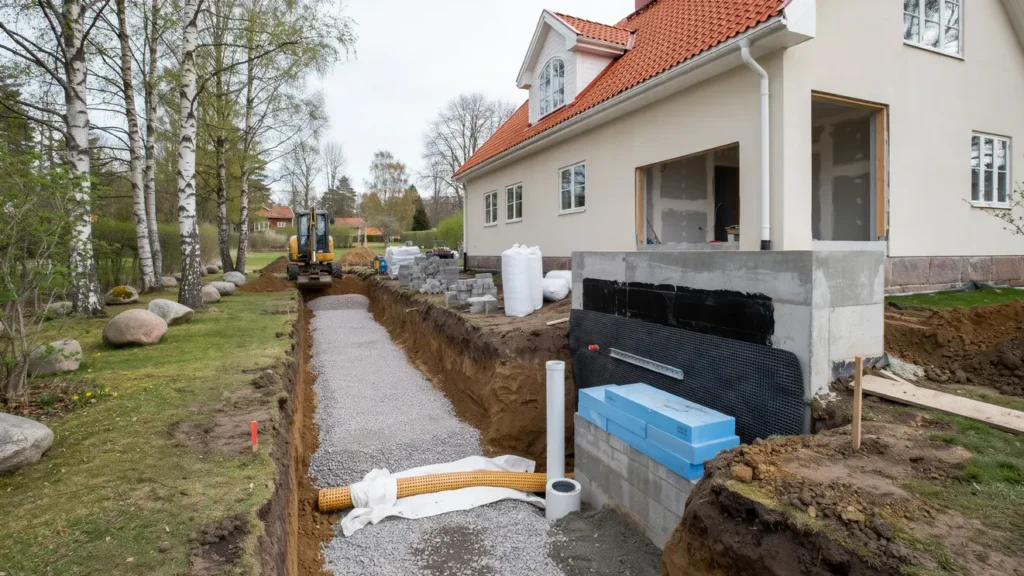 kallarrenovering och ny dranering av husgrund i stocksund danderyd 1757